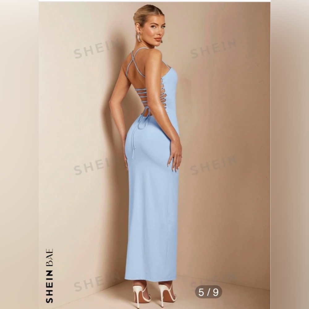 SHEIN Light Blue Bodycon Halter Neck
Spaghetti Strap Tie Low Back Shiny Dress M - Picture 6 of 16